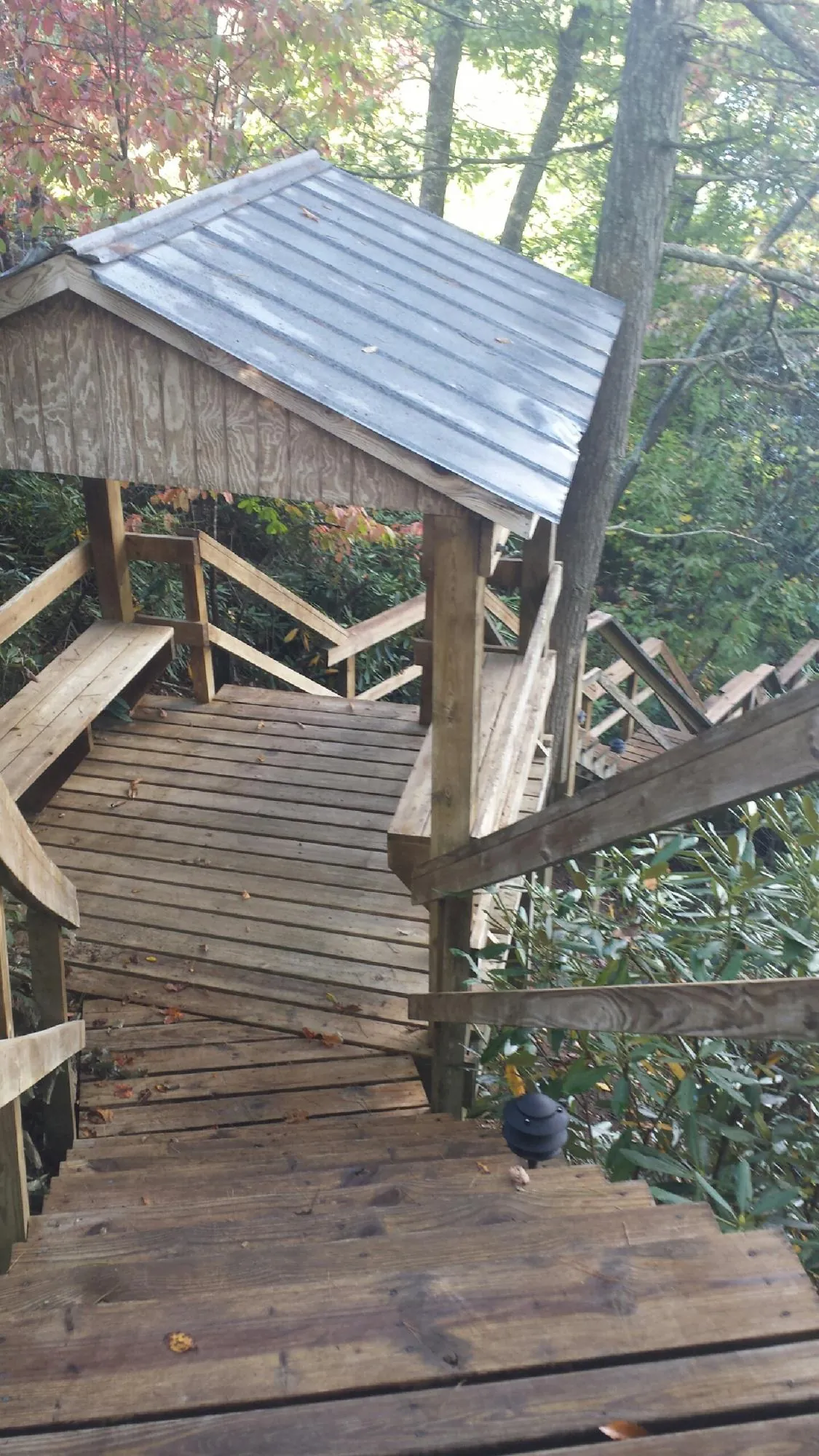 Metal roofed shelter over wooden steps on a wooded walkway — Skylight Repair & Installation work by our crew in Ranger